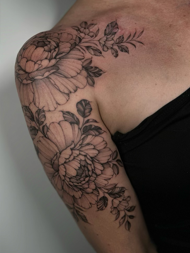 Tattoo of flowers on a shoulder