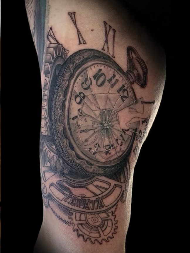 old fashioned clock tattoo on leg