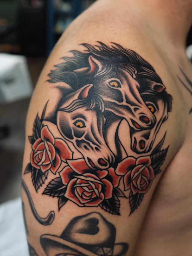 3 horses tattoo on shoulder