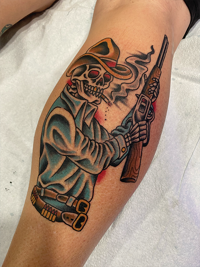 Skeleton Cowboy tattoo on leg